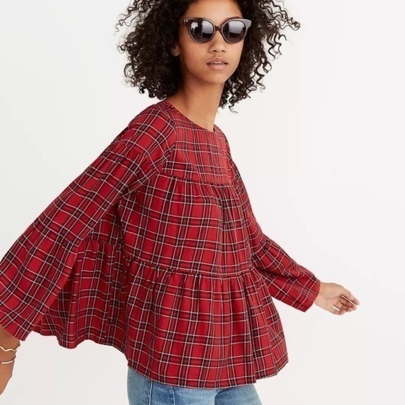 Madewell • Plaid Tiered Button-Back Top Red Plaid - Picture 1 of 9